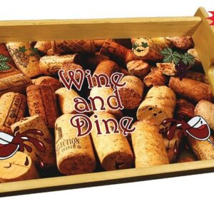 A wooden tray with wine and pine written on it