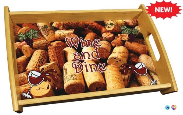 A wooden tray with wine and pine written on it