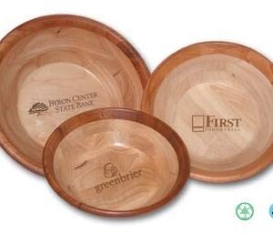 A set of three wooden bowls with the logo for first.