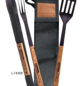 A set of three wooden utensils with black handles.