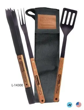 A set of three wooden utensils with black handles.