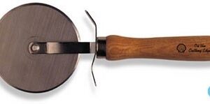A wooden handle is on the side of a pan.