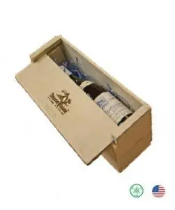 A wooden box with a bottle of wine inside