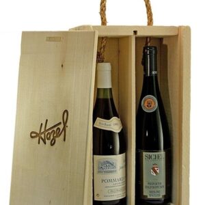 Two bottles of wine in a wooden box.