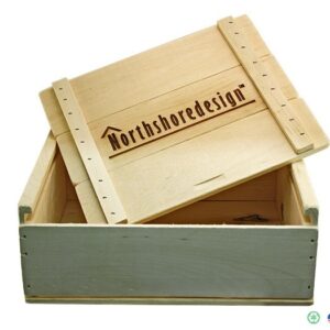 A wooden box with the lid open and a logo on it.