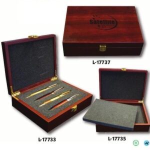 A wooden box with a few different types of pens inside.