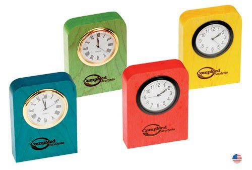 A set of four clocks in different colors.