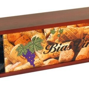 A wooden box with wine and bread on it.