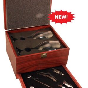 A wooden box with several pairs of scissors in it.
