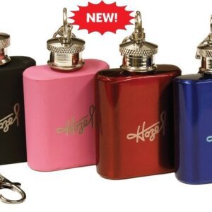 A group of four different colored bottles with a key chain.