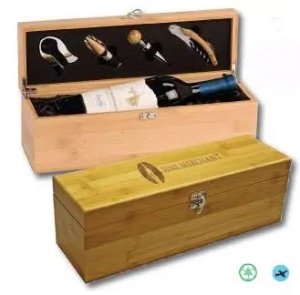 A wooden box with two wine bottles and four corkscrews.