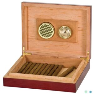 A wooden box with some cigars inside of it