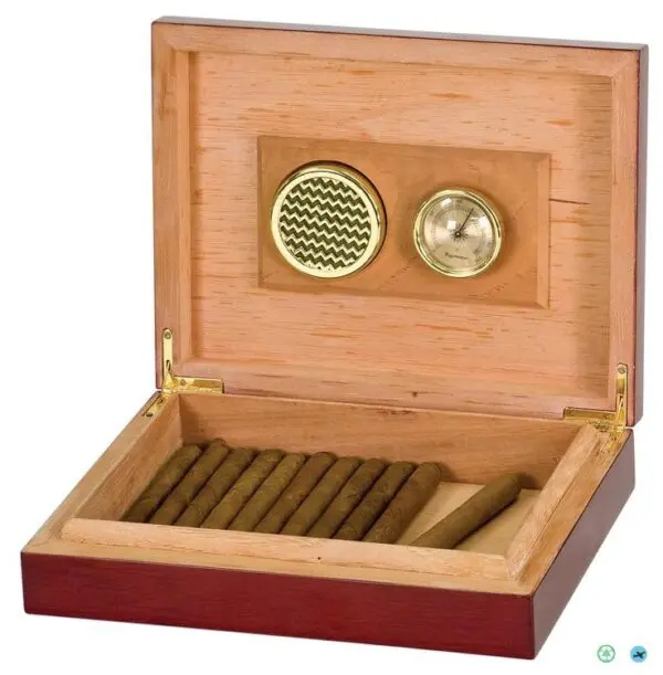 A wooden box with some cigars inside of it