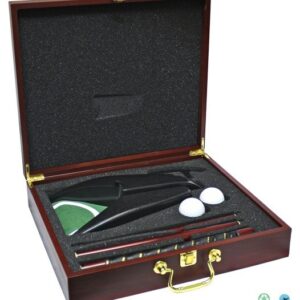 A wooden box with golf equipment in it.