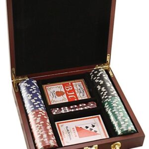 A wooden box with poker chips and cards inside of it.