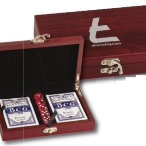 A wooden box with two cards and dice inside of it