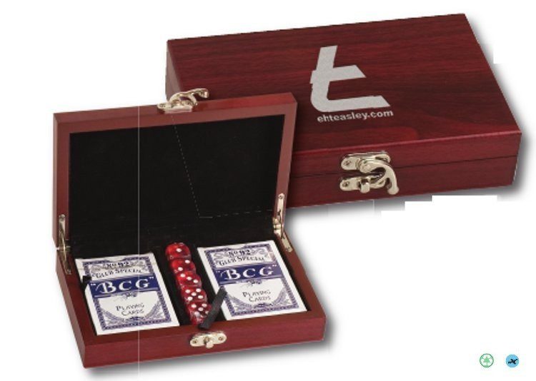 A wooden box with two cards and dice inside of it