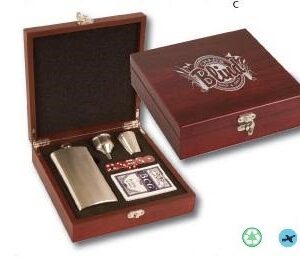 A wooden box with a flask and two cups