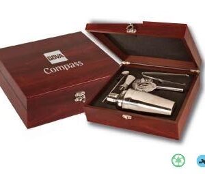 A wooden box with a wine opener and two glasses.