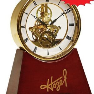 A clock that is on top of a wooden stand.