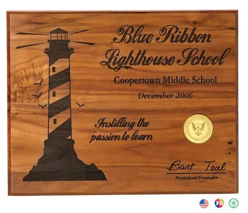 A plaque with the words blue ribbon lighthouse school on it.