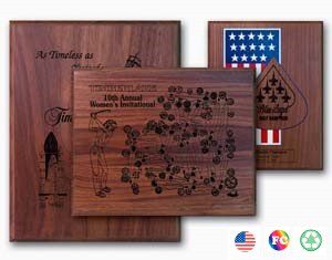 A variety of plaques are shown with american flag designs.