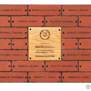 A brick wall with some bricks and a plaque