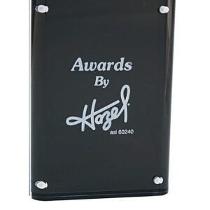 A black plaque with the words awards by hazel on it.