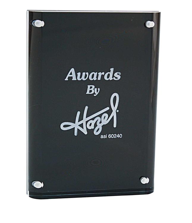 A black plaque with the words awards by hazel on it.