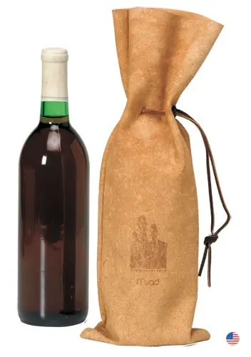 A bottle of wine in a leather bag