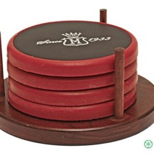 A set of four coasters on a wooden holder.