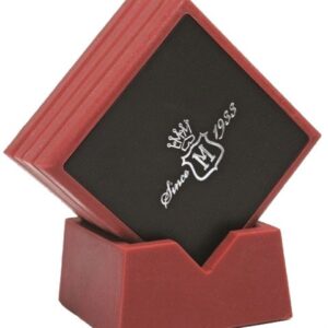 A red holder with some black paper on top of it