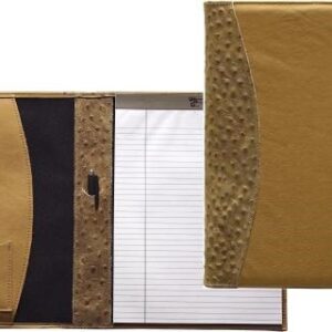 A brown and black folder with a pen on it