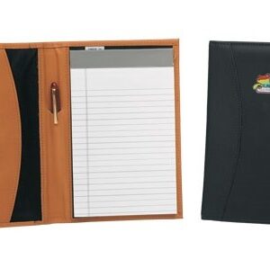 A note pad and pen are shown in front of a folder.