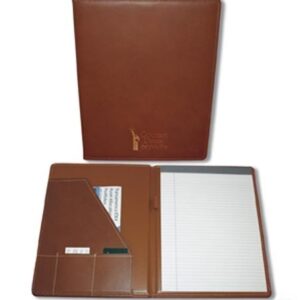 A brown leather folder with a white paper and pen.