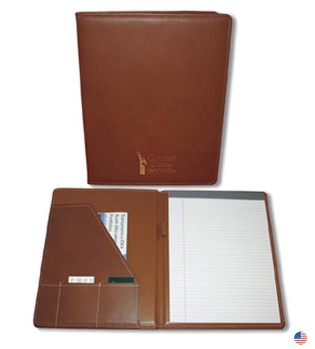 A brown leather folder with a white paper and pen.