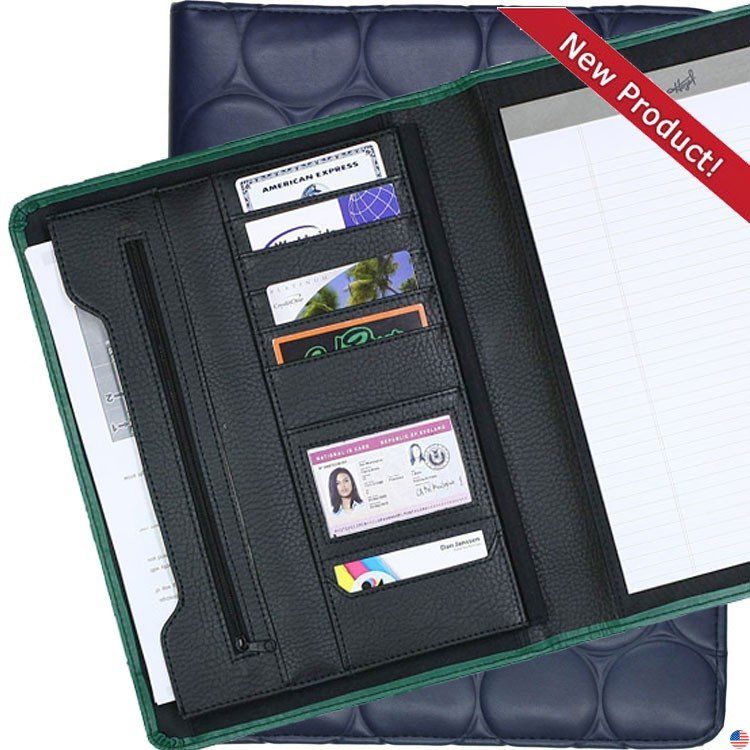 A blue and green wallet with cards inside of it