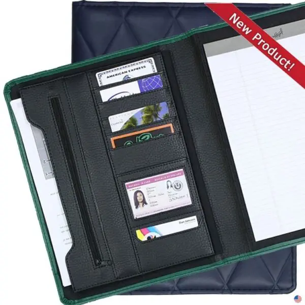 A photo of the inside of a binder with a card holder.