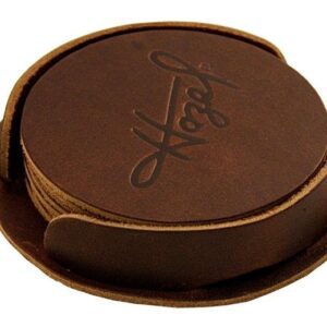 A brown leather coaster set with the word " hope ".