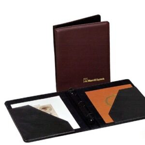 A brown leather folder with two different colored pages.