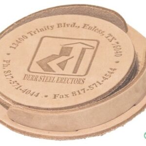 A wooden coaster with the company logo on it.