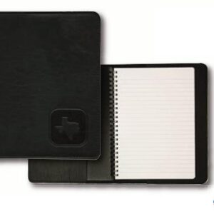 A black notebook with a white paper inside of it.
