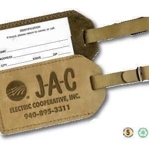 A tan luggage tag with the name jac electric cooperative, inc.