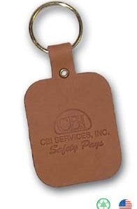 A brown leather key chain with the company logo on it.