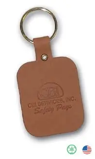 A brown leather key chain with the company logo on it.