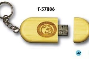 A wooden usb flash drive with the logo of a man on it.