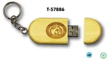 A wooden usb flash drive with the logo of a man on it.