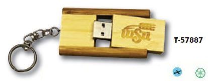 A wooden usb stick with the logo of an old school.