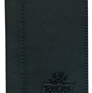 A black wallet with a logo on it.