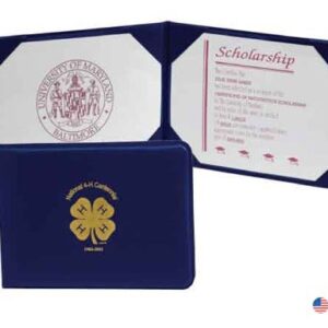 A blue folder with four leaf clover on it.